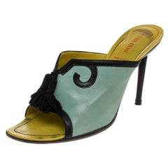 Miu Miu Green/Black Leather Tassel Peep Toe Slide Sandals Size 38.5