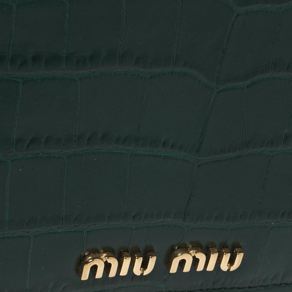 Miu Miu Green Croc Embossed Leather Bifold Wallet 4
