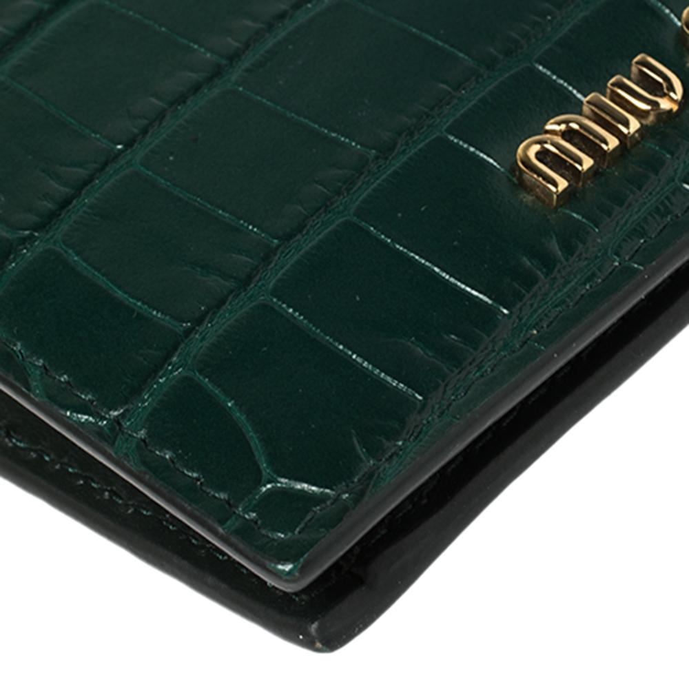 Black Miu Miu Green Croc Embossed Leather Bifold Wallet