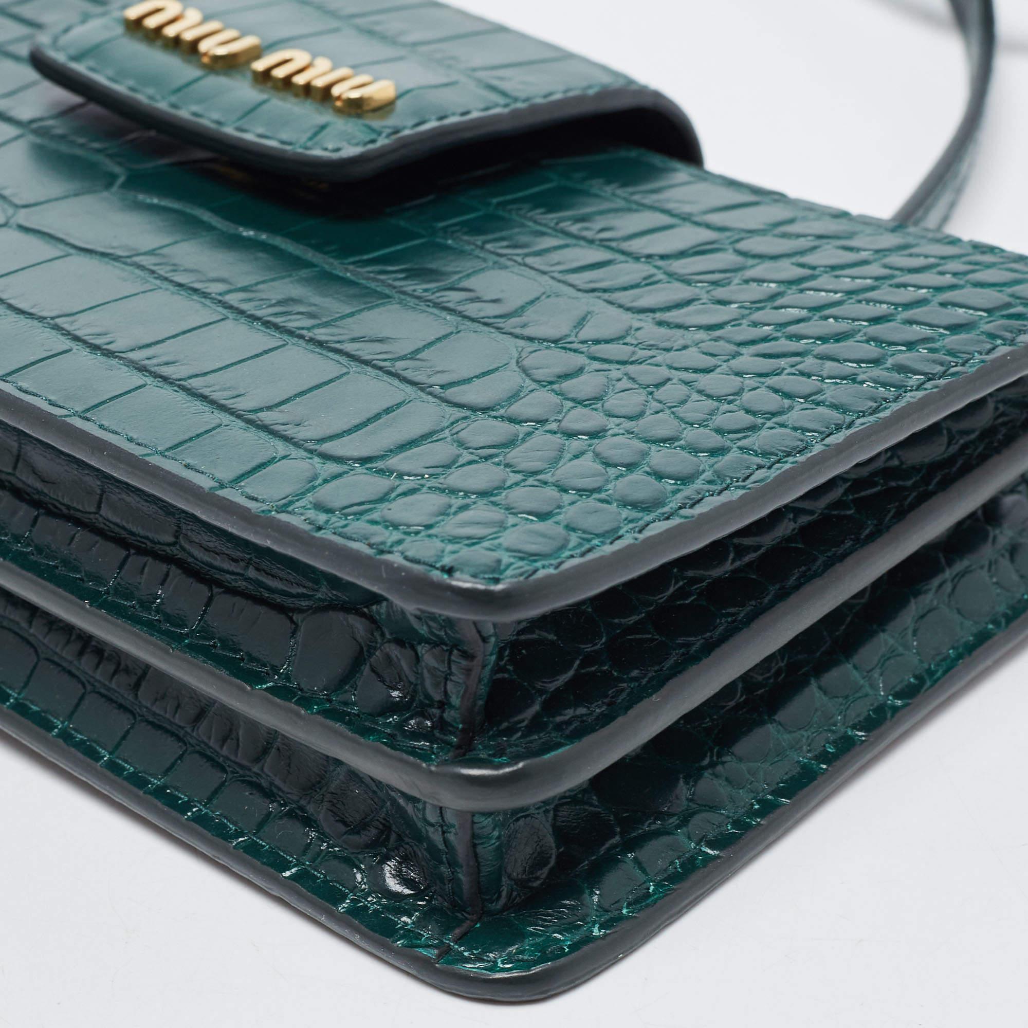 Miu Miu Green Croc Embossed Leather Phone Wallet Crossbody Bag 6