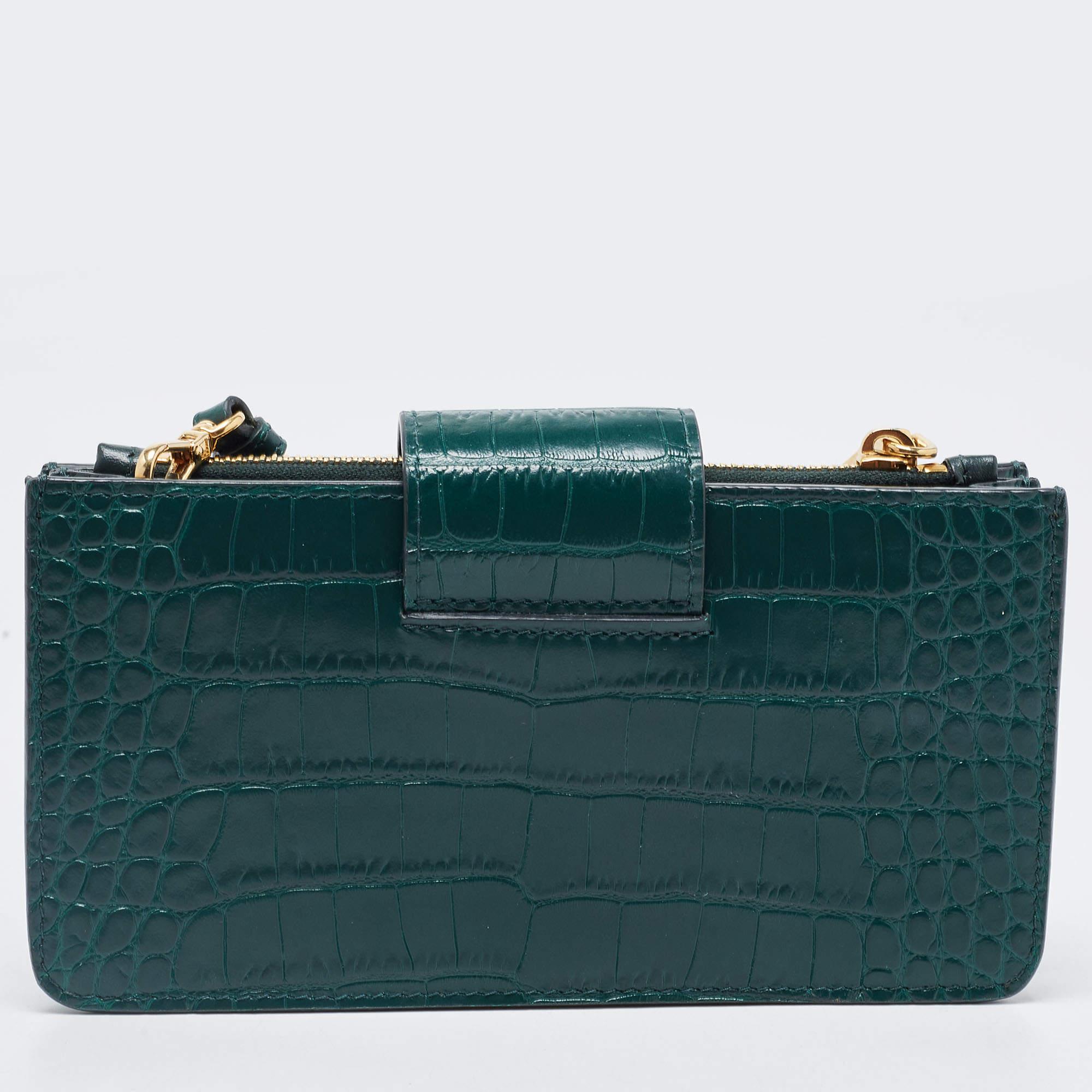 Miu Miu Green Croc Embossed Leather Phone Wallet Crossbody Bag 8