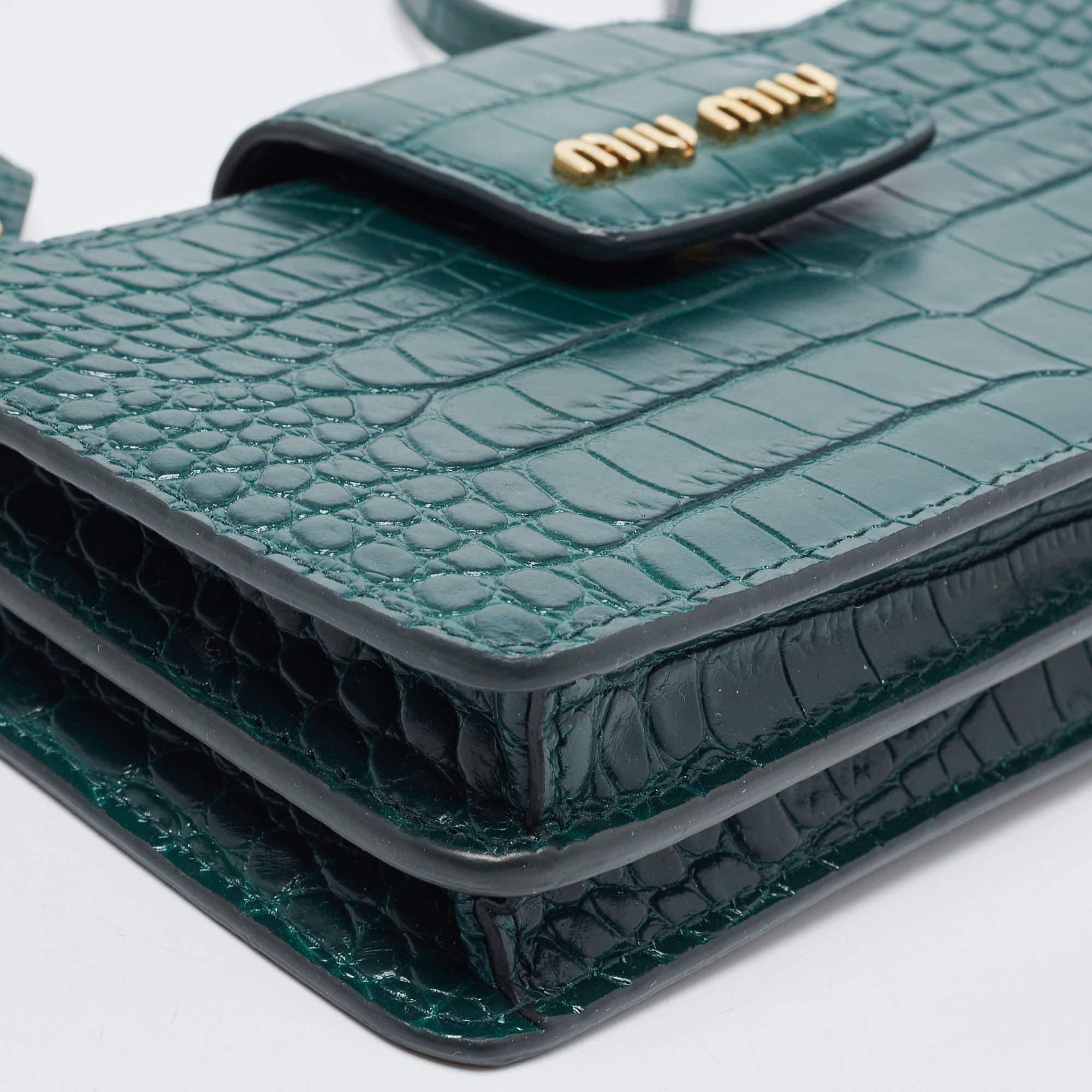 Women's Miu Miu Green Croc Embossed Leather Phone Wallet Crossbody Bag