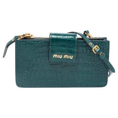 Miu Miu Green Croc Embossed Leather Phone Wallet Crossbody Bag