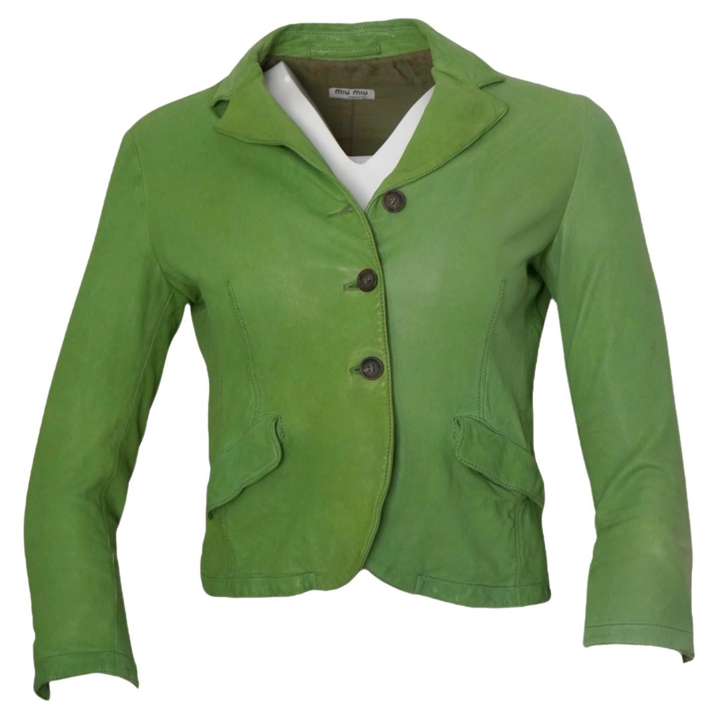 MIU MIU Green Leather Buttoned Jacket For Sale