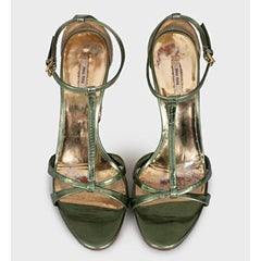 Miu Miu Green Leather Crystal Block Heel Sandals Sz 37.5