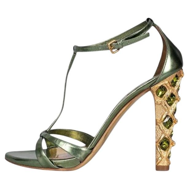 Miu Miu Green Leather Crystal Block Heel Sandals Sz 37.5