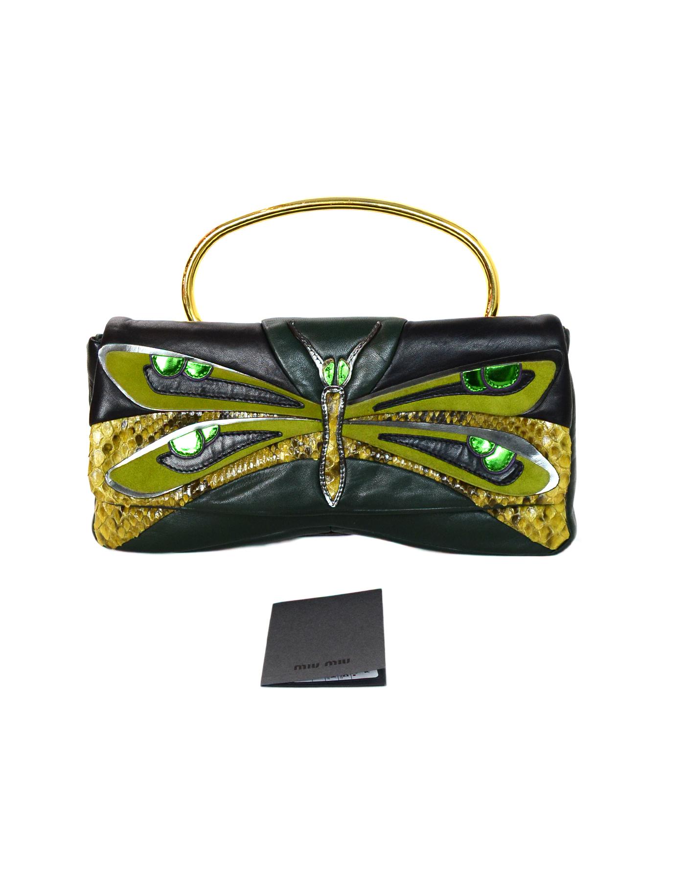 Miu Miu Green Leather/Python Multi-Color Dragonfly Crossbody/Clutch Bag 2
