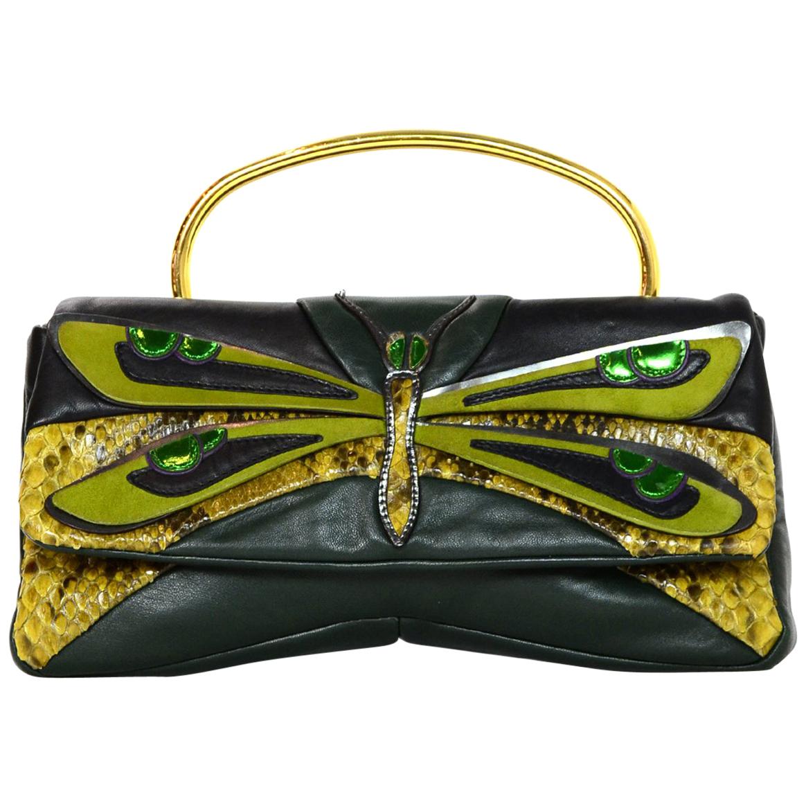 Miu Miu Green Leather/Python Multi-Color Dragonfly Crossbody/Clutch Bag