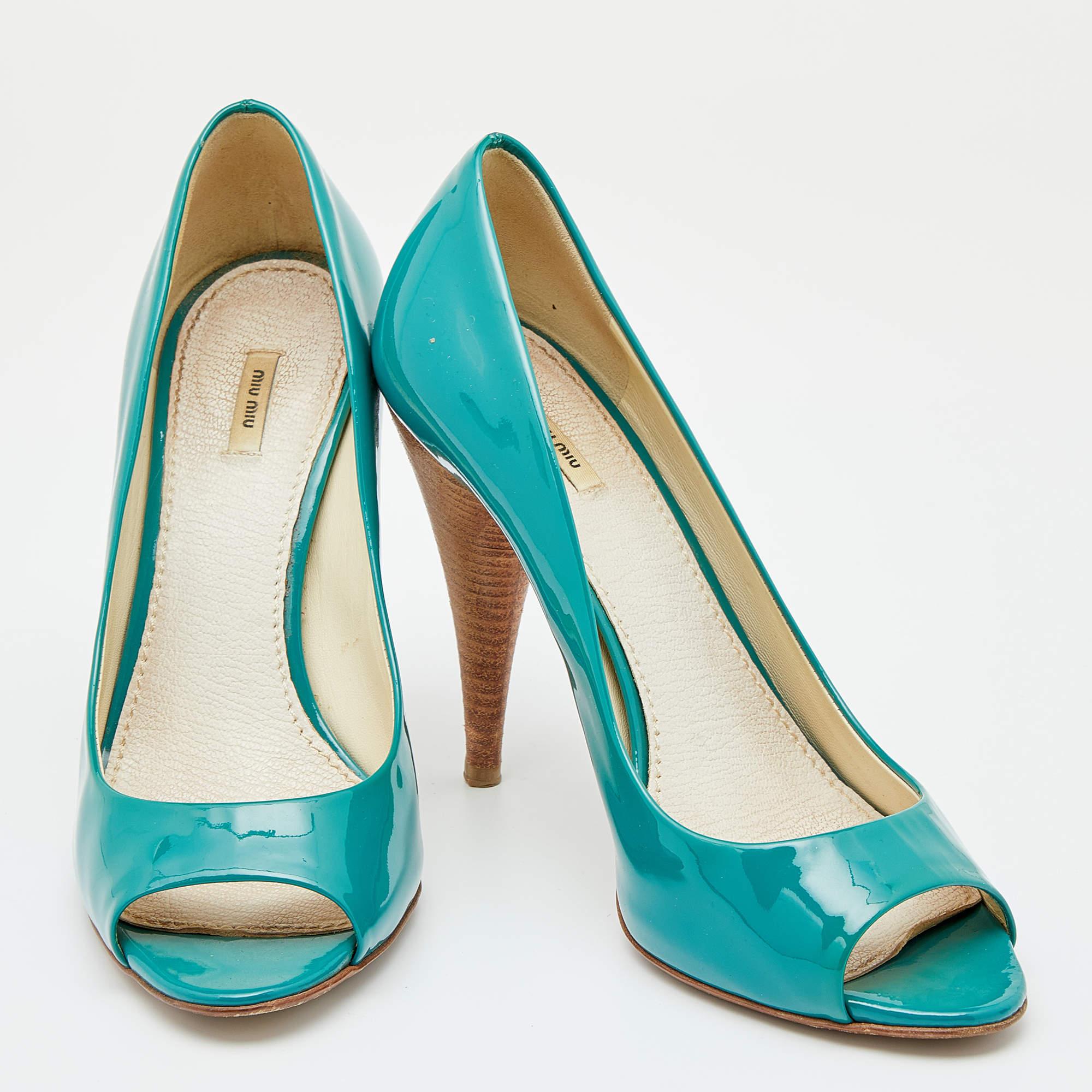 Women's Miu Miu Green Patent Leather Peep Toe Pumps Size 37.5