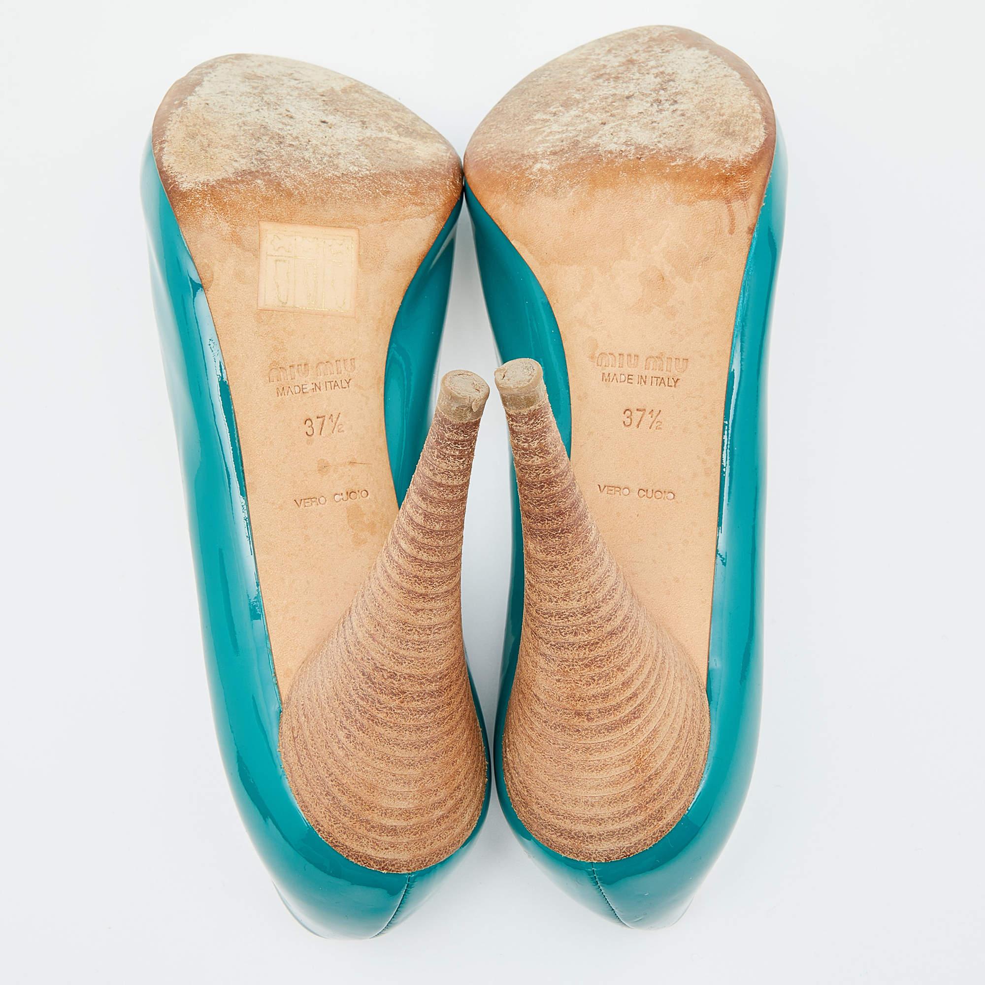 Miu Miu Green Patent Leather Peep Toe Pumps Size 37.5 2