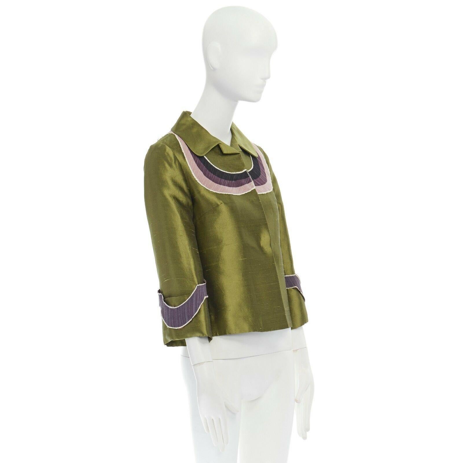 Marrone MIU MIU giacca swing con collo rotondo e manica larga XS in seta verde con motivo a toppe viola