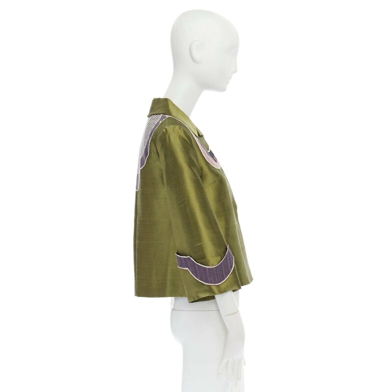 MIU MIU giacca swing con collo rotondo e manica larga XS in seta verde con motivo a toppe viola In condizioni buone a Hong Kong, NT