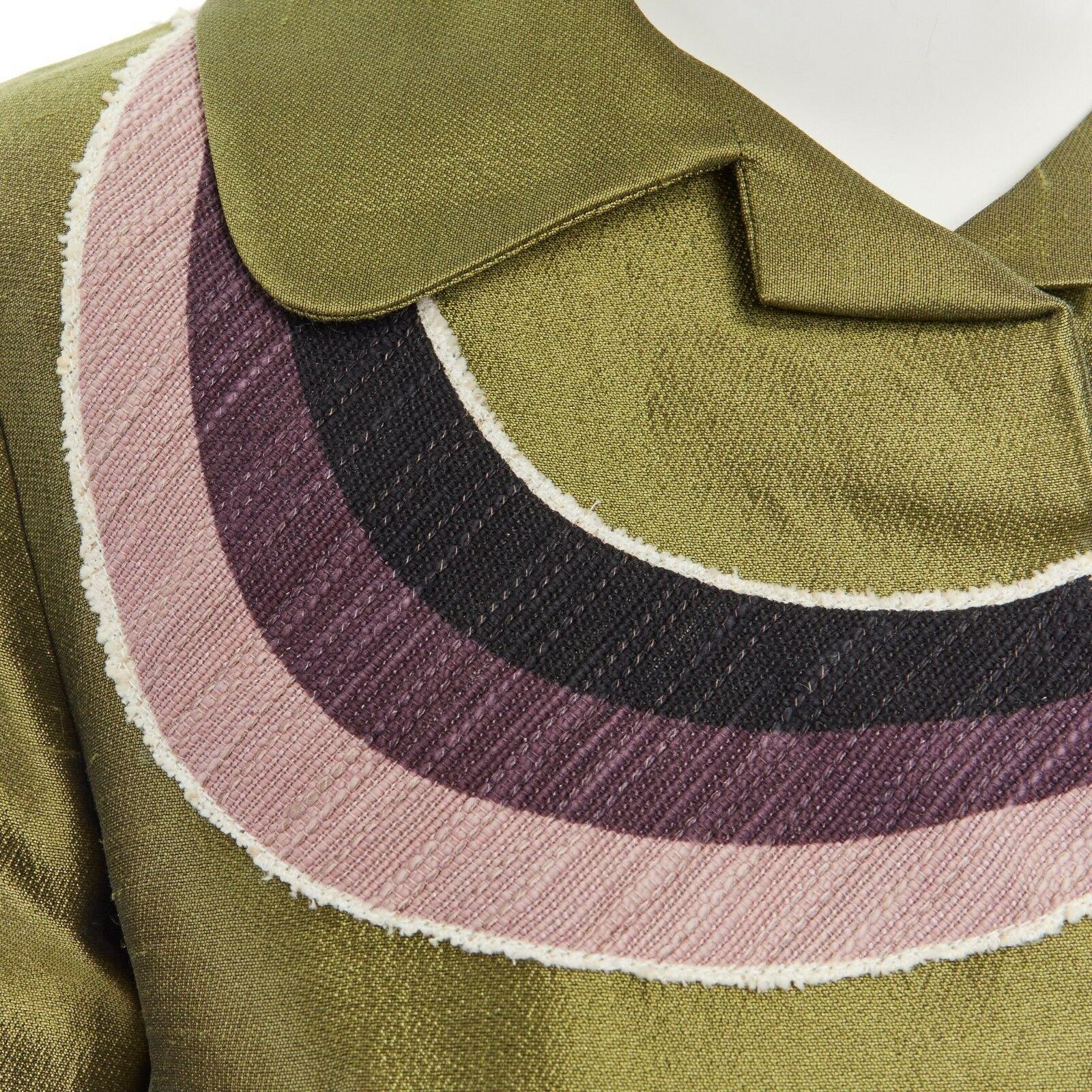MIU MIU giacca swing con collo rotondo e manica larga XS in seta verde con motivo a toppe viola 2