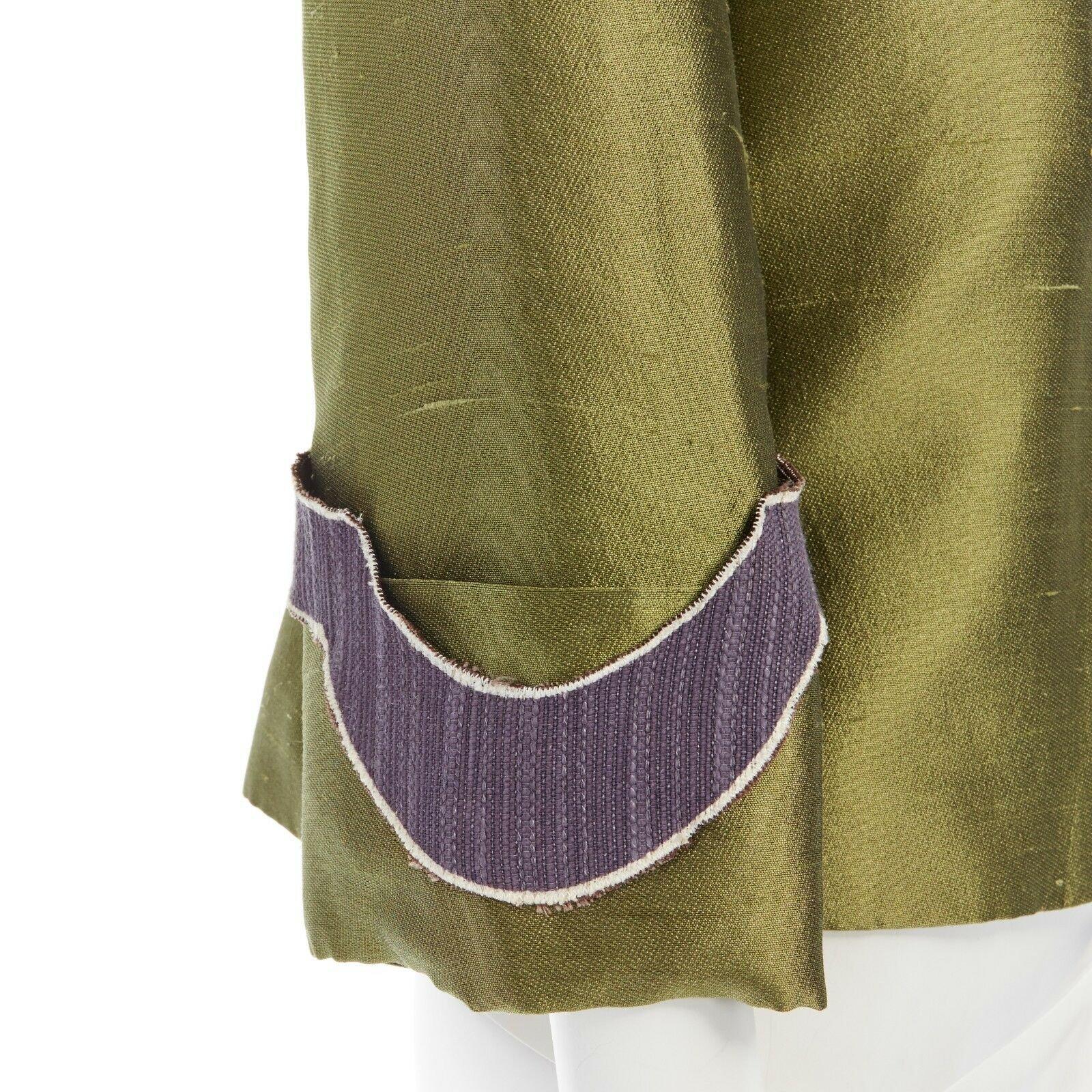 MIU MIU giacca swing con collo rotondo e manica larga XS in seta verde con motivo a toppe viola 3