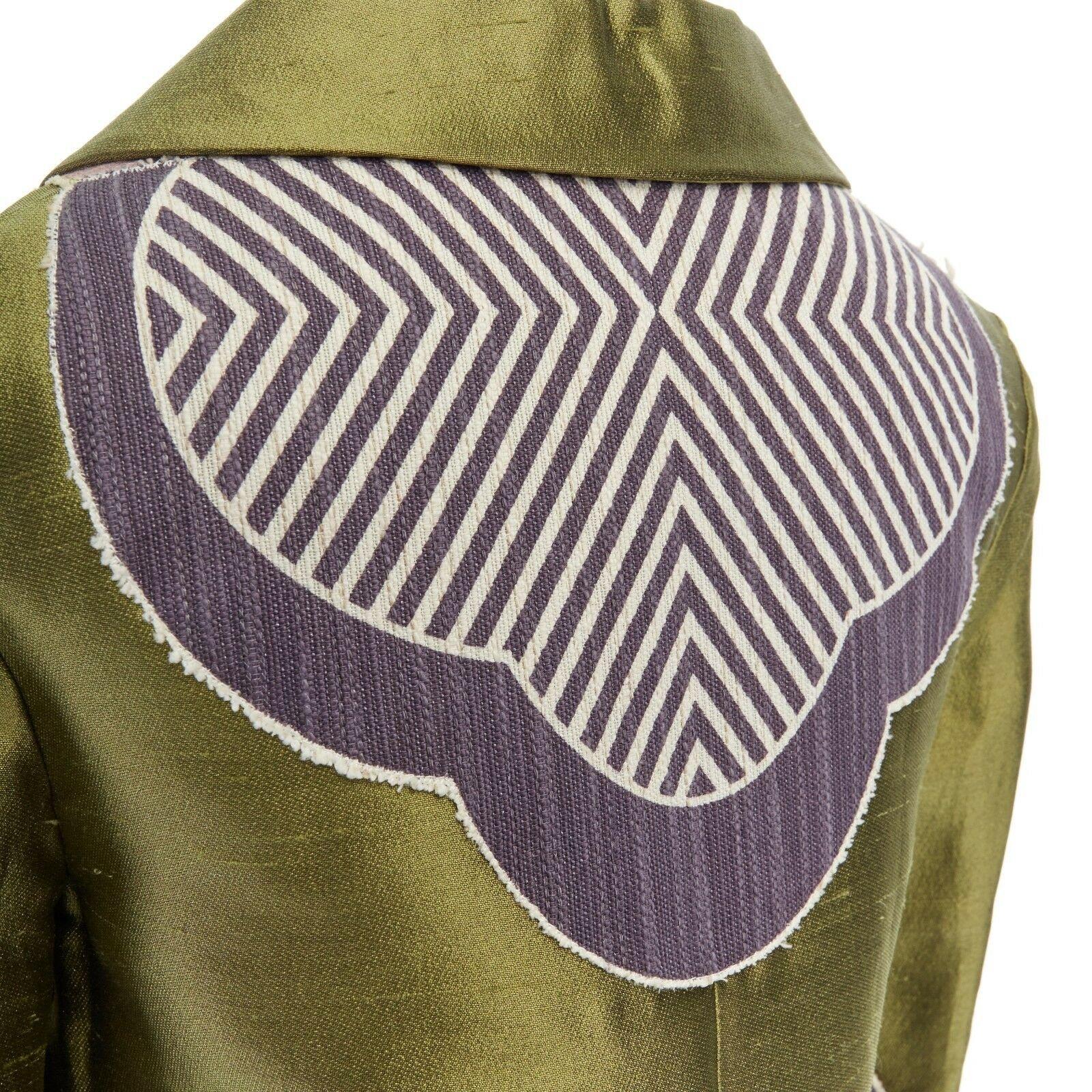 MIU MIU giacca swing con collo rotondo e manica larga XS in seta verde con motivo a toppe viola 4