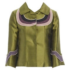 MIU MIU seda verde púrpura estampado de parches cuello redondo manga ancha chaqueta swing XS