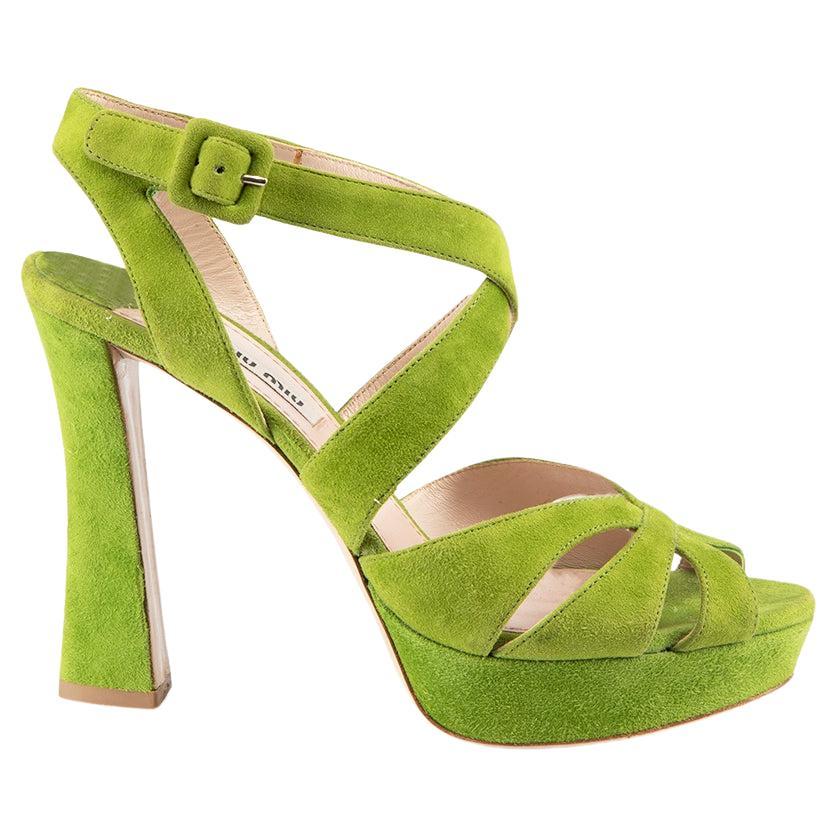 Miu Miu Green Suede Strappy Platform Sandals Size IT 37.5 For Sale