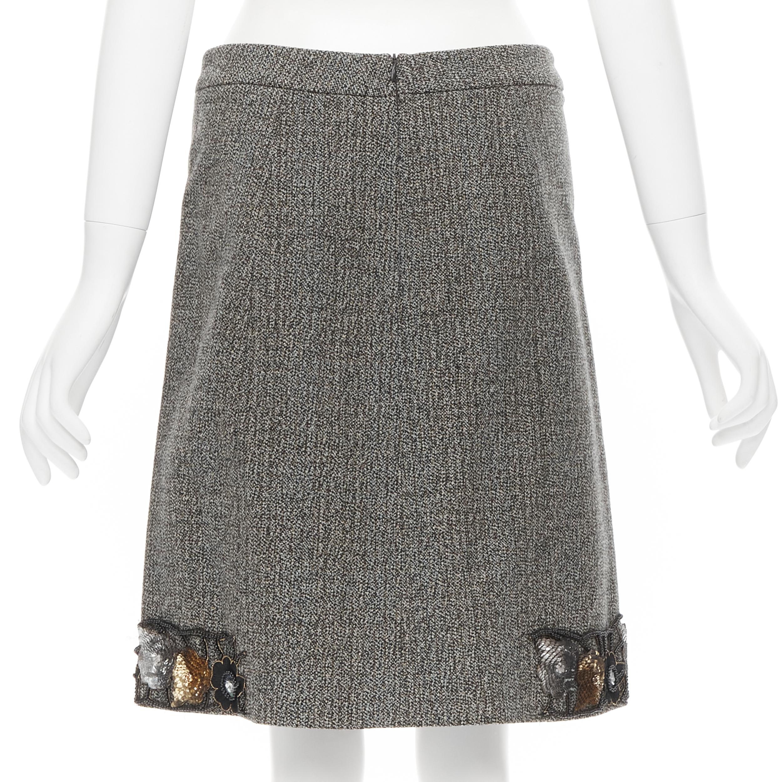 Gray MIU MIU green tweed boucle floral bead sequins A-line skirt IT38 XS