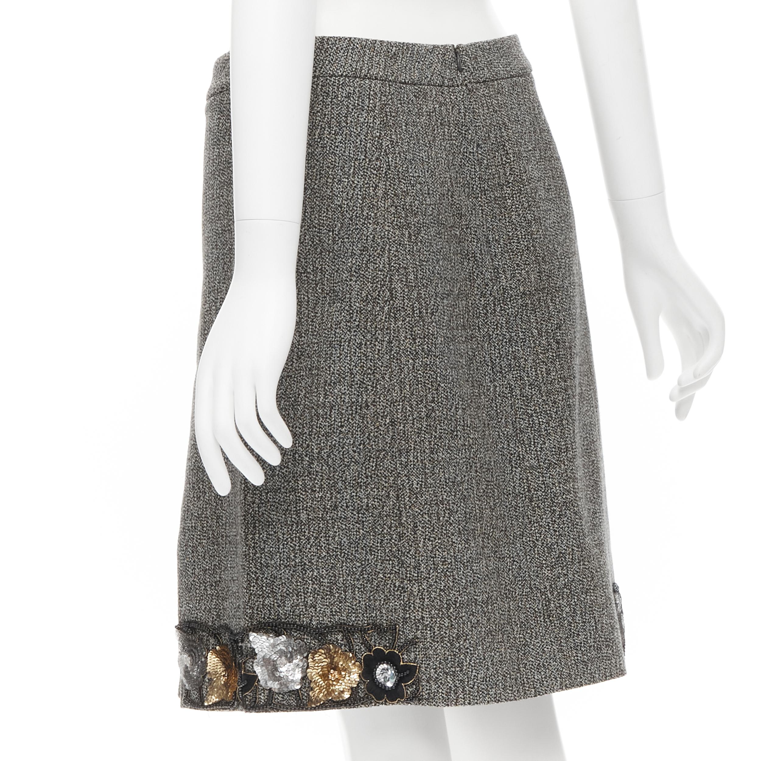MIU MIU green tweed boucle floral bead sequins A-line skirt IT38 XS In Excellent Condition In Hong Kong, NT