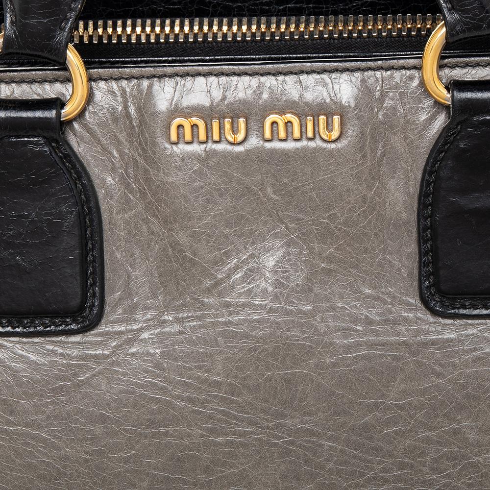 Miu Miu Grey/Black Leather Madras Tote 1
