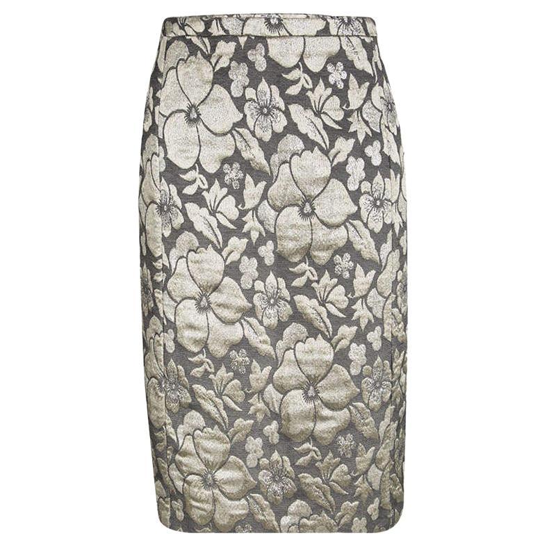 Miu Miu Grey Floral Lurex Jacquard Knee Length Skirt M For Sale