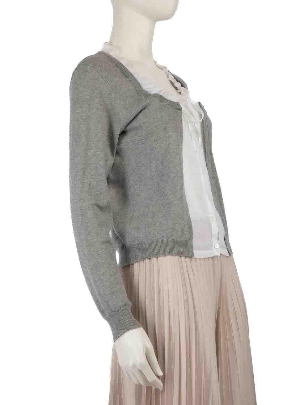 CONDITION is Very good. Minimal wear to cardigan is evident. Minimal discolouration on the neck tie and button lapel and loose third button on this used Miu Miu designer resale item.
 
 
 
 Details
 
 
 Grey
 
 Cotton
 
 Long sleeves cardigan
 

