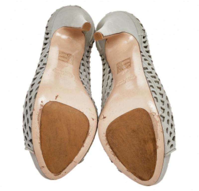 Gray Miu Miu Grey Laser Cut Leather Peep Toe Platform Pumps Size 37