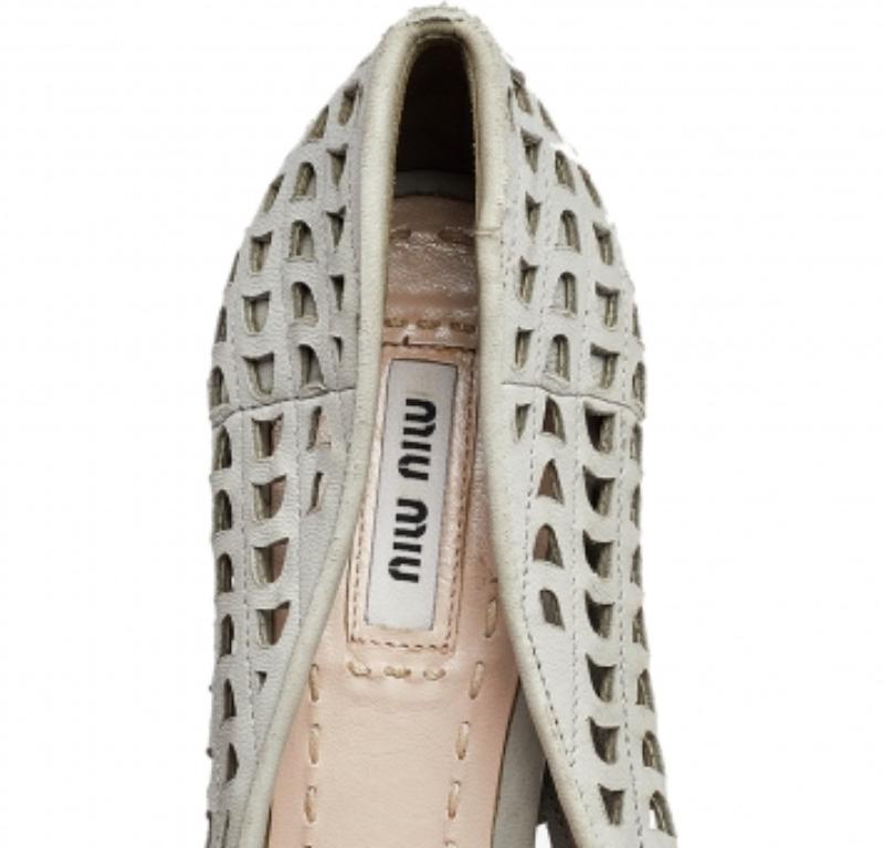 Women's Miu Miu Grey Laser Cut Leather Peep Toe Platform Pumps Size 37