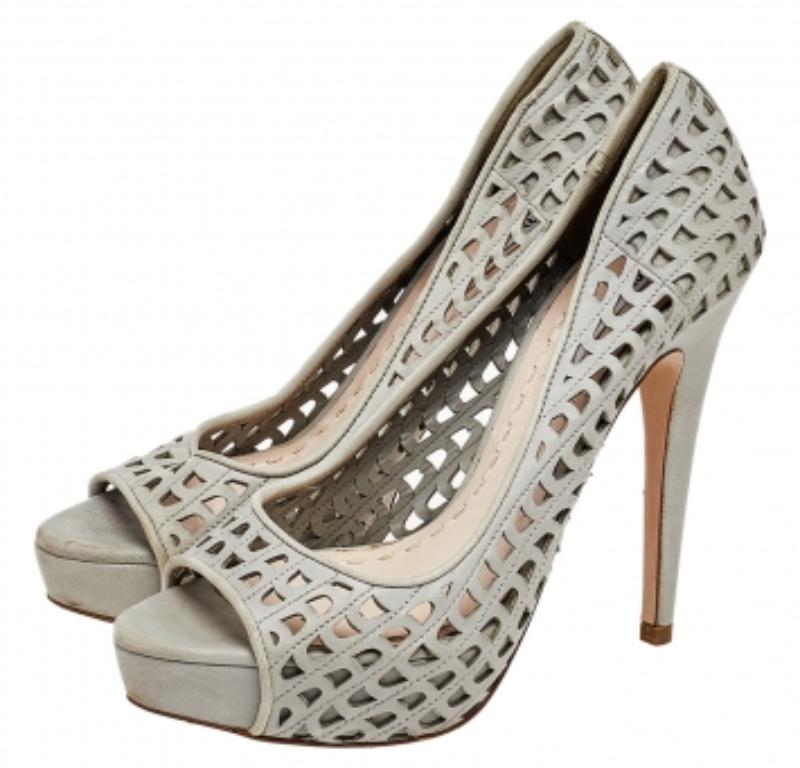 Miu Miu Grey Laser Cut Leather Peep Toe Platform Pumps Size 37 1