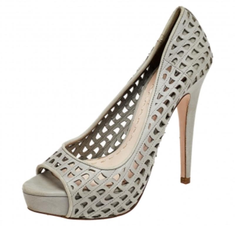 Miu Miu Grey Laser Cut Leather Peep Toe Platform Pumps Size 37 2