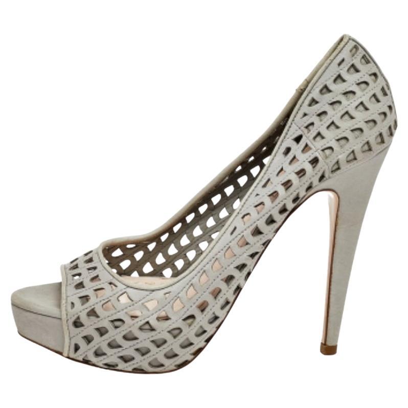 Miu Miu Grey Laser Cut Leather Peep Toe Platform Pumps Size 37