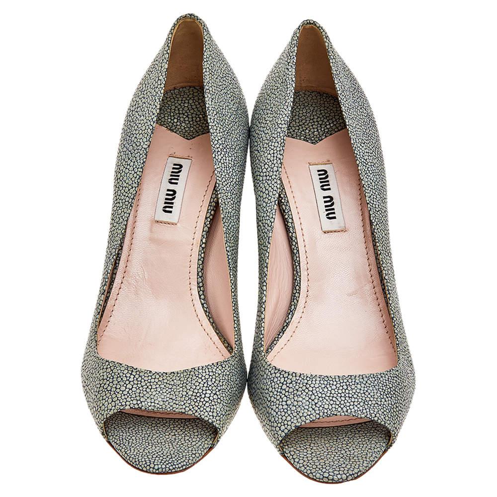 Brown Miu Miu Grey Leather Peep Toe Wedge Pumps Size 36
