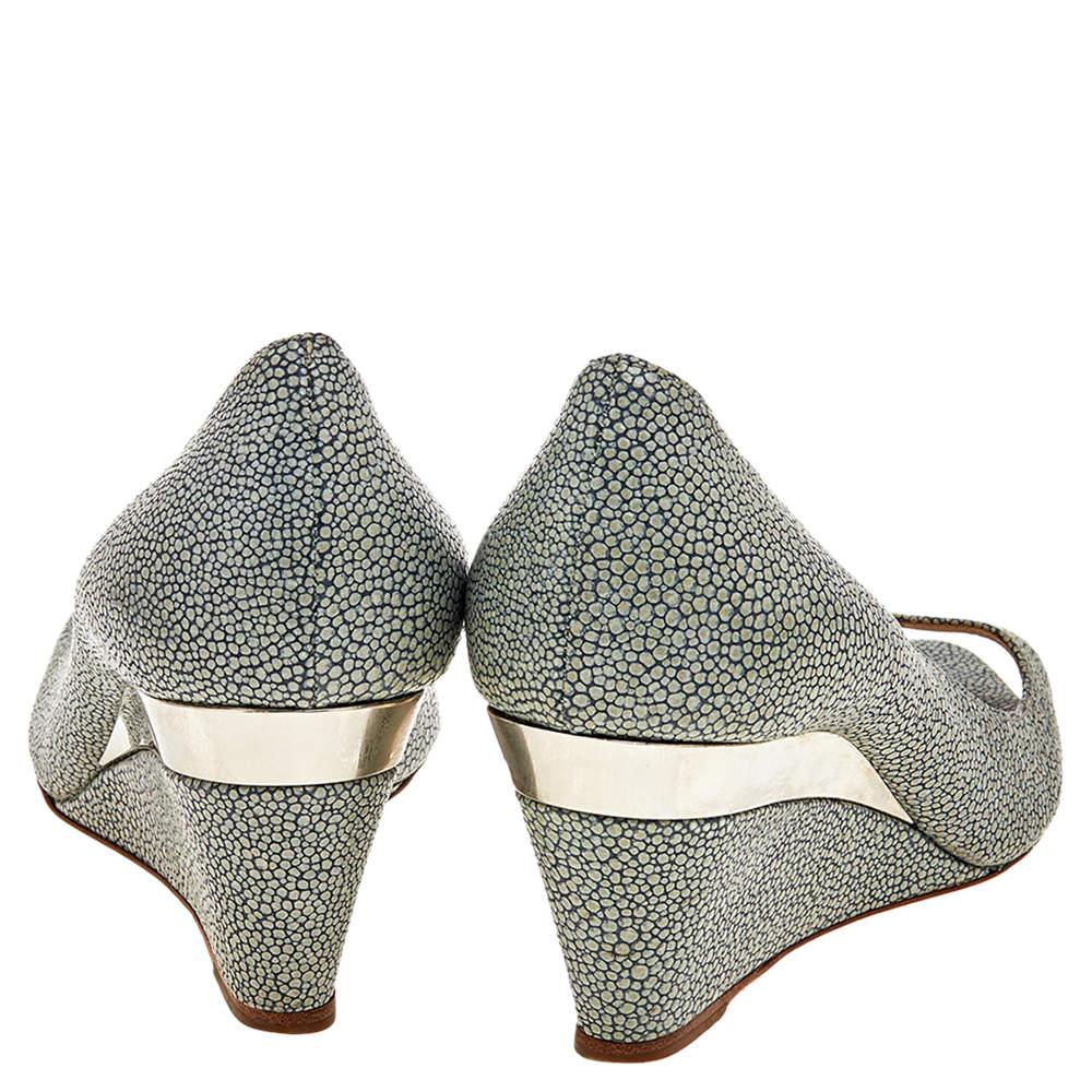 Women's Miu Miu Grey Leather Peep Toe Wedge Pumps Size 36