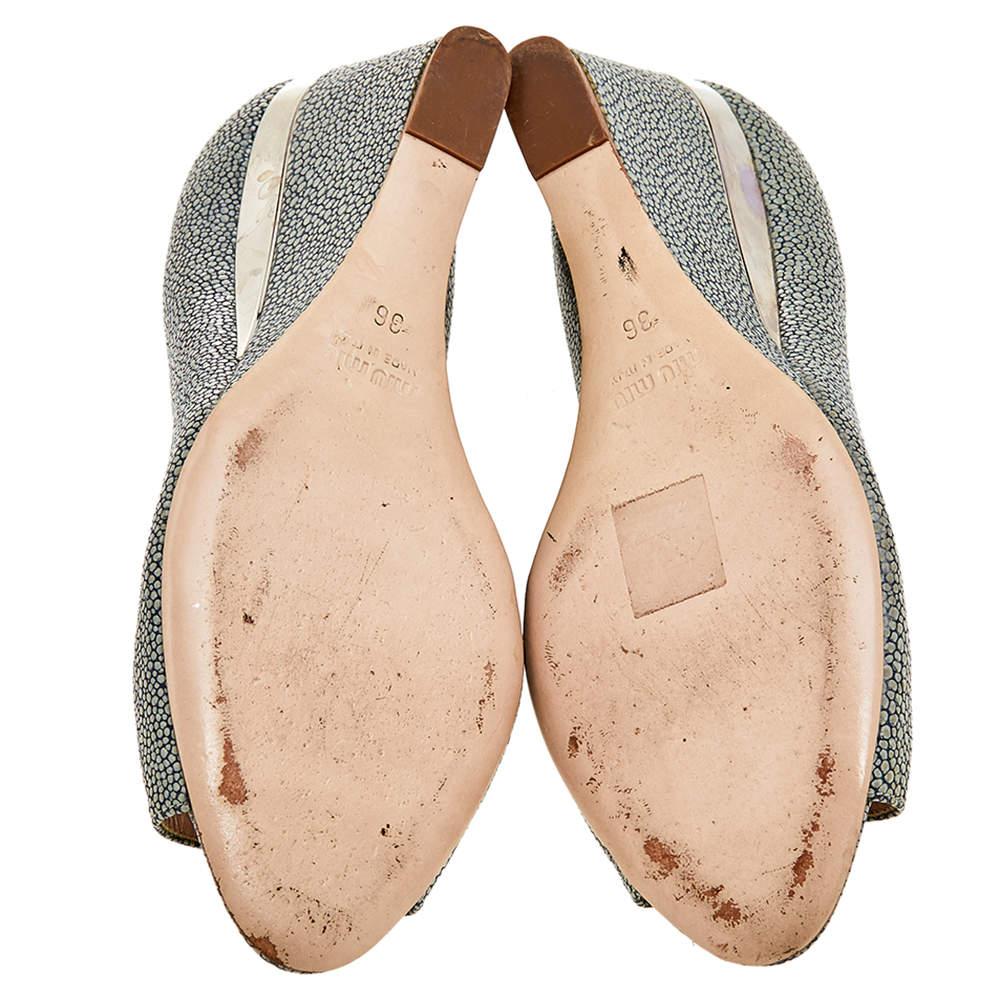 Miu Miu Grey Leather Peep Toe Wedge Pumps Size 36 1
