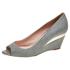 Miu Miu Grey Leather Peep Toe Wedge Pumps Size 36