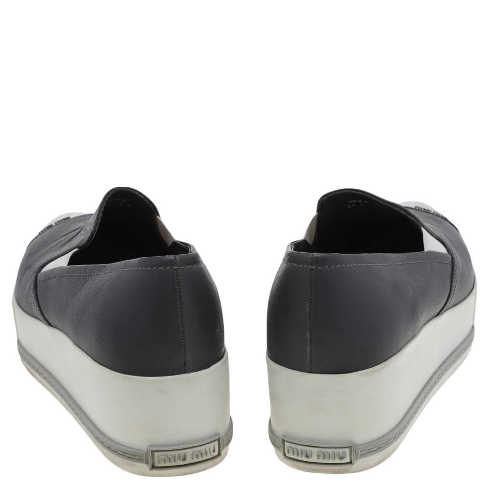 Black Miu Miu Grey Leather Slip on Sneakers Size 38