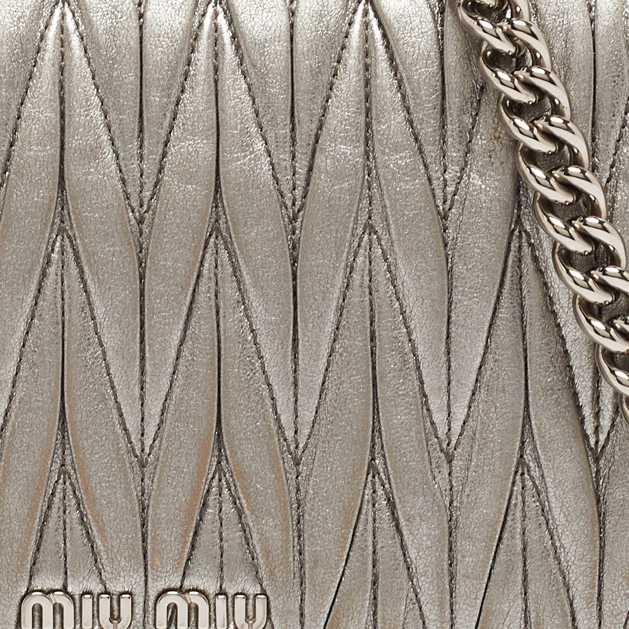 Brown Miu Miu Grey Matelassé Leather Chain Crossbody Bag