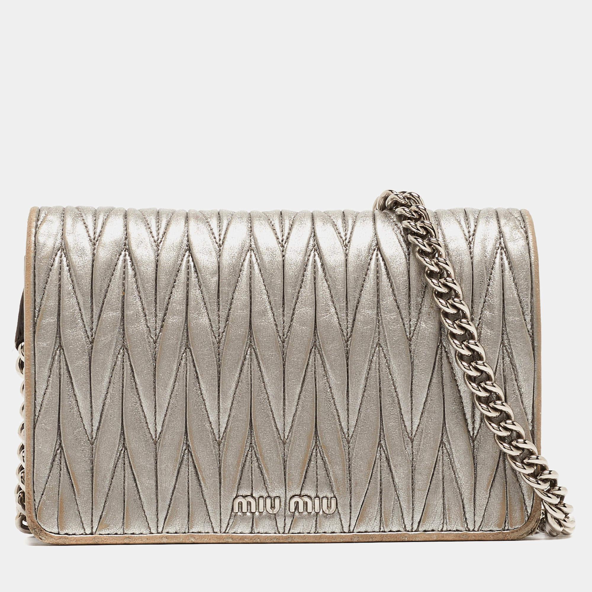 Miu Miu Grey Matelassé Leather Chain Crossbody Bag 2