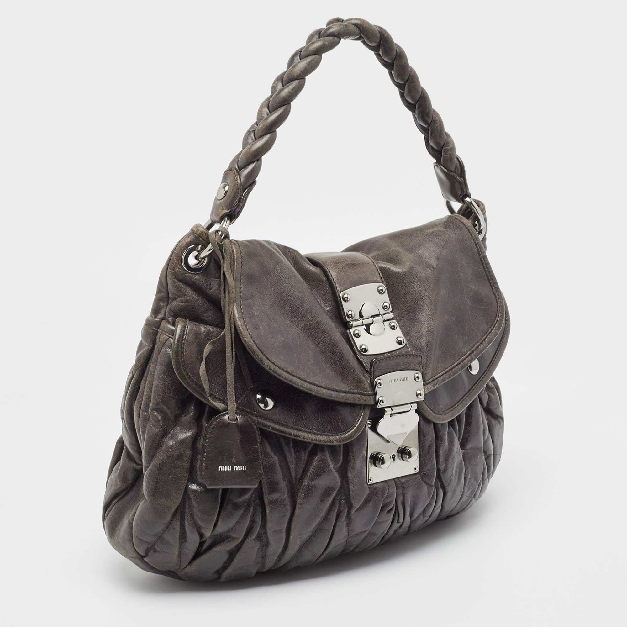 Miu Miu Grey Matelassé Leather Coffer Bag In Good Condition In Dubai, Al Qouz 2