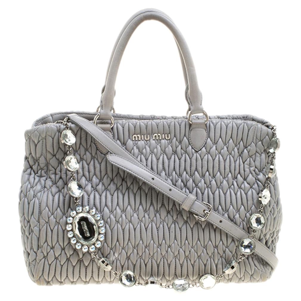 Miu Miu Grey Matelasse Nappa Leather Crystal Tote