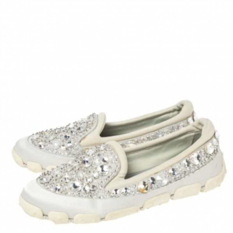 Miu Miu Grey Satin And Fabric Crystal Embellished Slip On Sneakers Size 38.5 For Sale 3