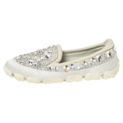 Miu Miu Grey Satin And Fabric Crystal Embellished Slip On Sneakers Size 38.5