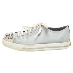 Miu Miu Grey Satin Crystal Embellished Cap Toe Lace Up Sneaker Size 37