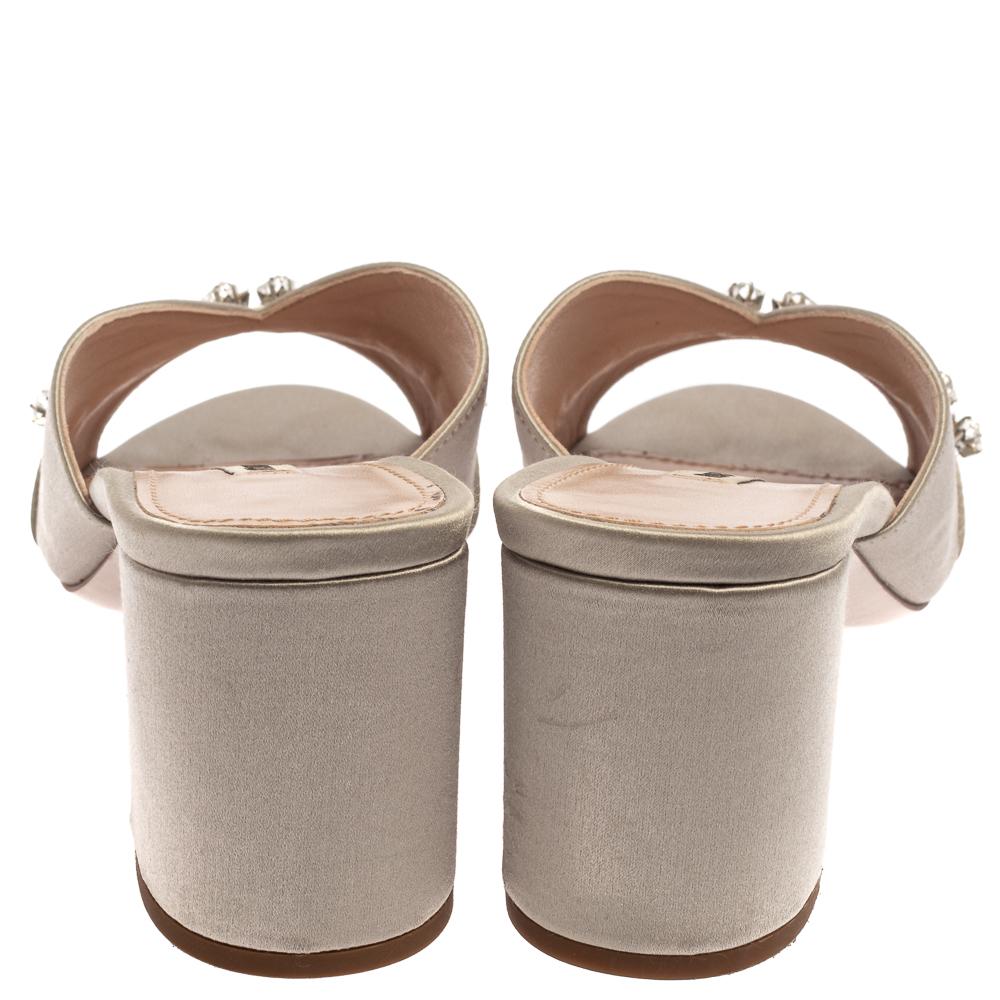 Brown Miu Miu Grey Satin Crystal Embellished Slide Mule Sandals Size 37.5