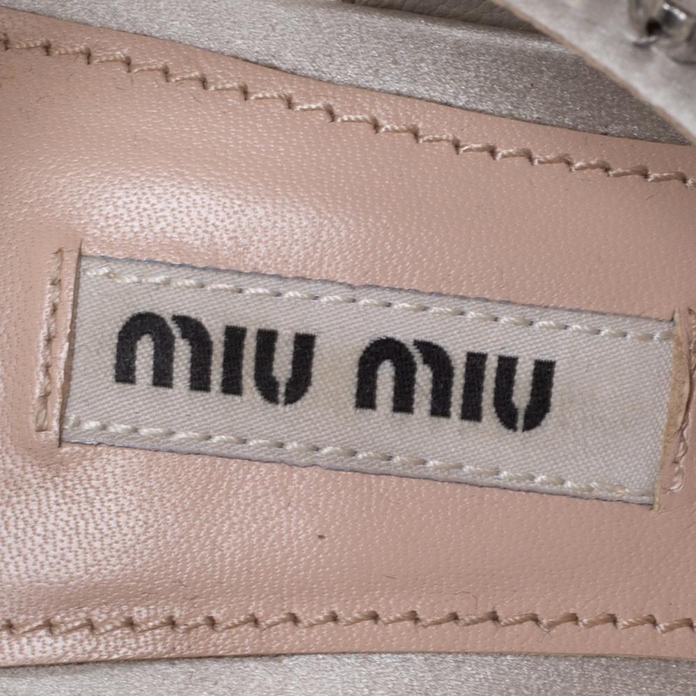 Miu Miu Grey Satin Dangling Crystals Embellished Platform Sandals Size 37 1