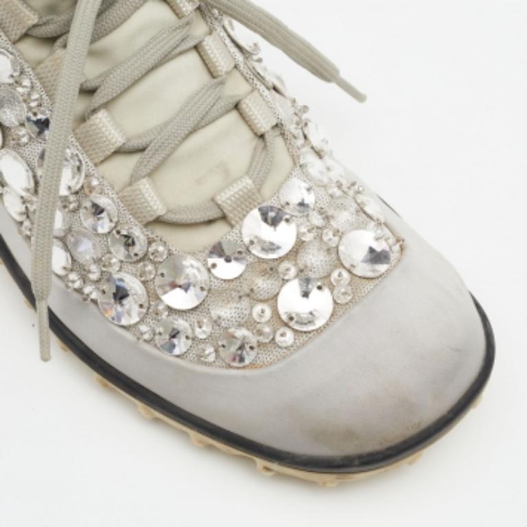 Miu Miu Grey Satin & Stretch Fabric Astro Crystal Low Top Sneakers Size 36 en vente 2