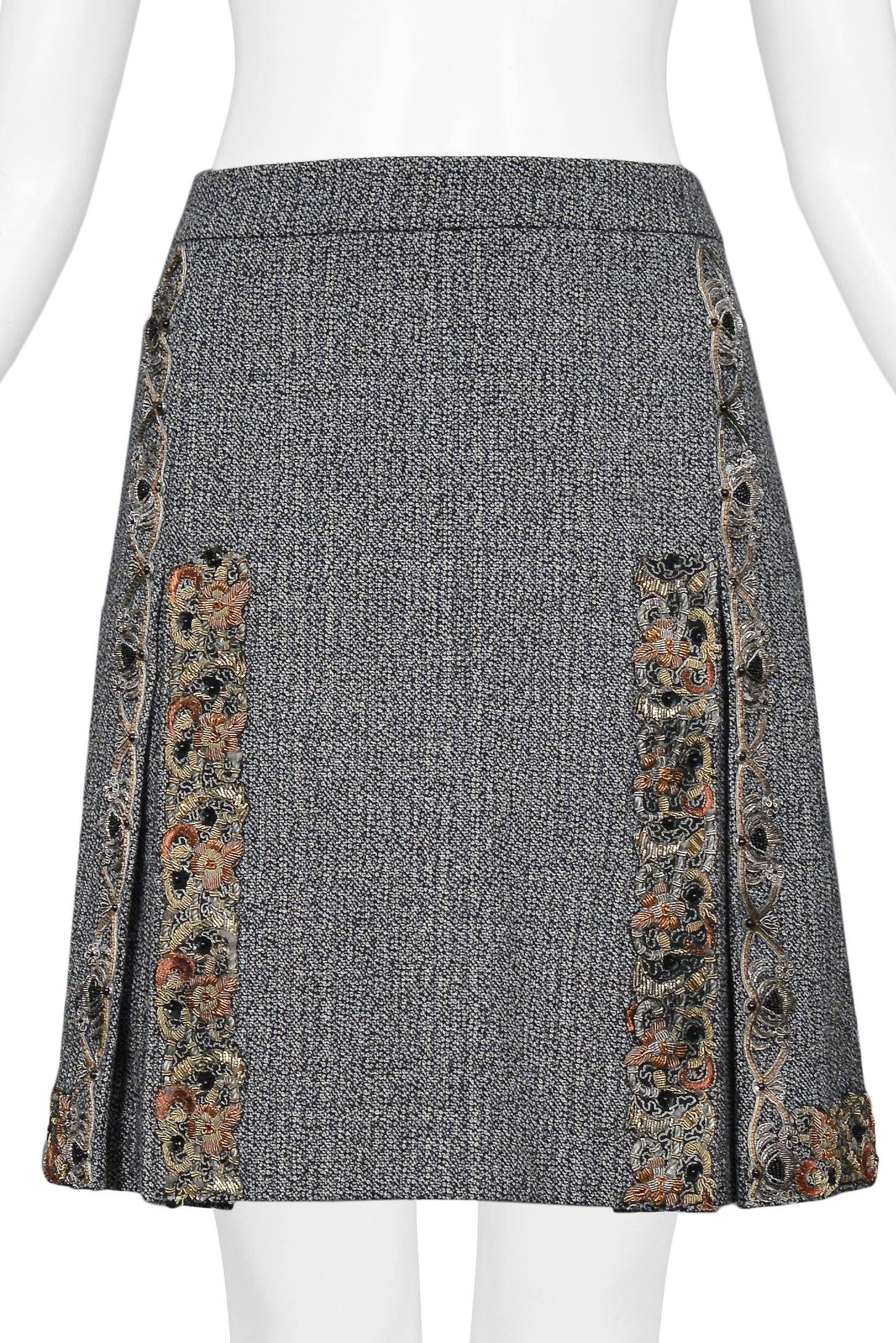 Gray Miu Miu Grey Tweed Box Pleat Embellished Mini Skirt 2004