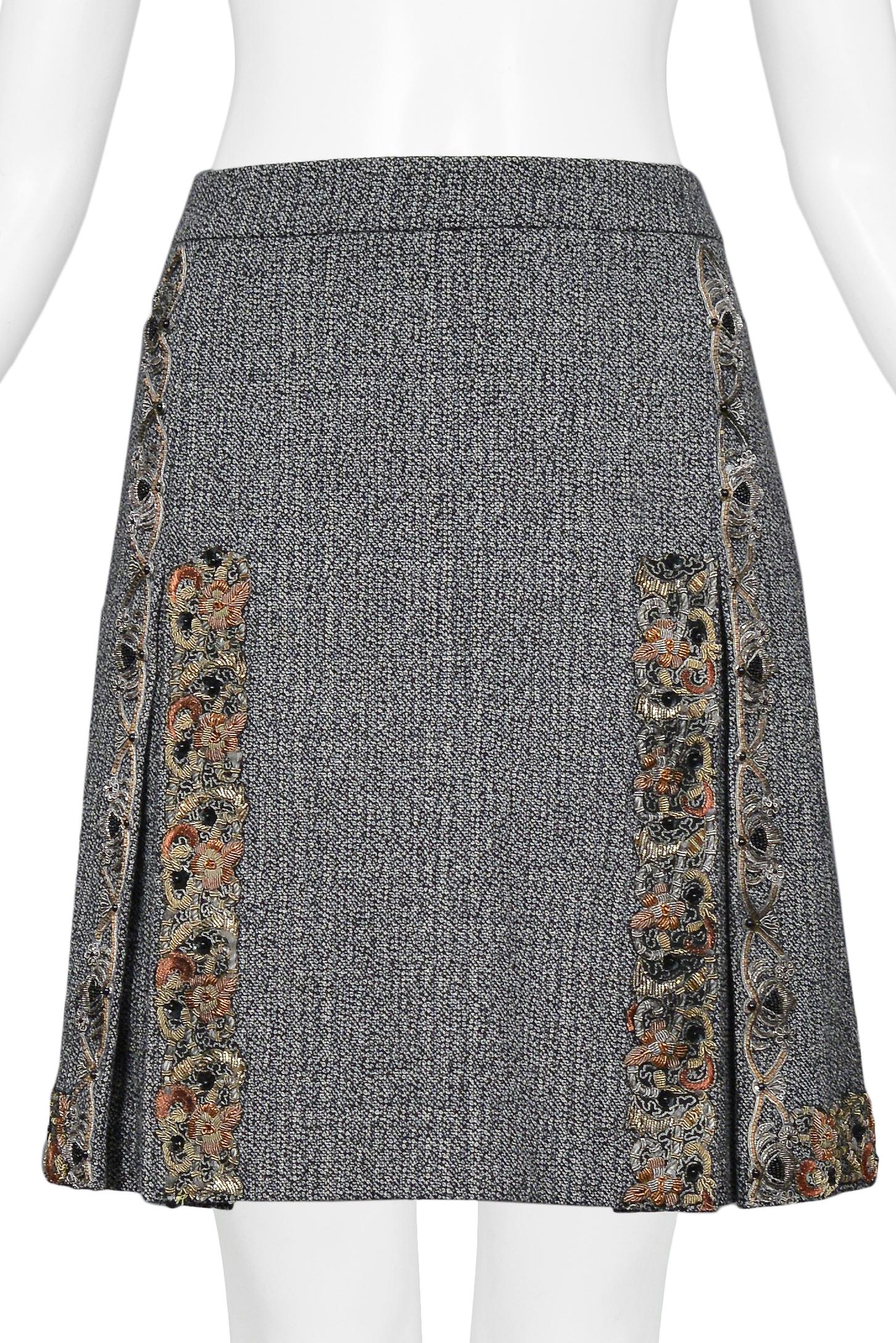 Gray Miu Miu Grey Tweed Box Pleat Embellished Mini Skirt 2004 For Sale