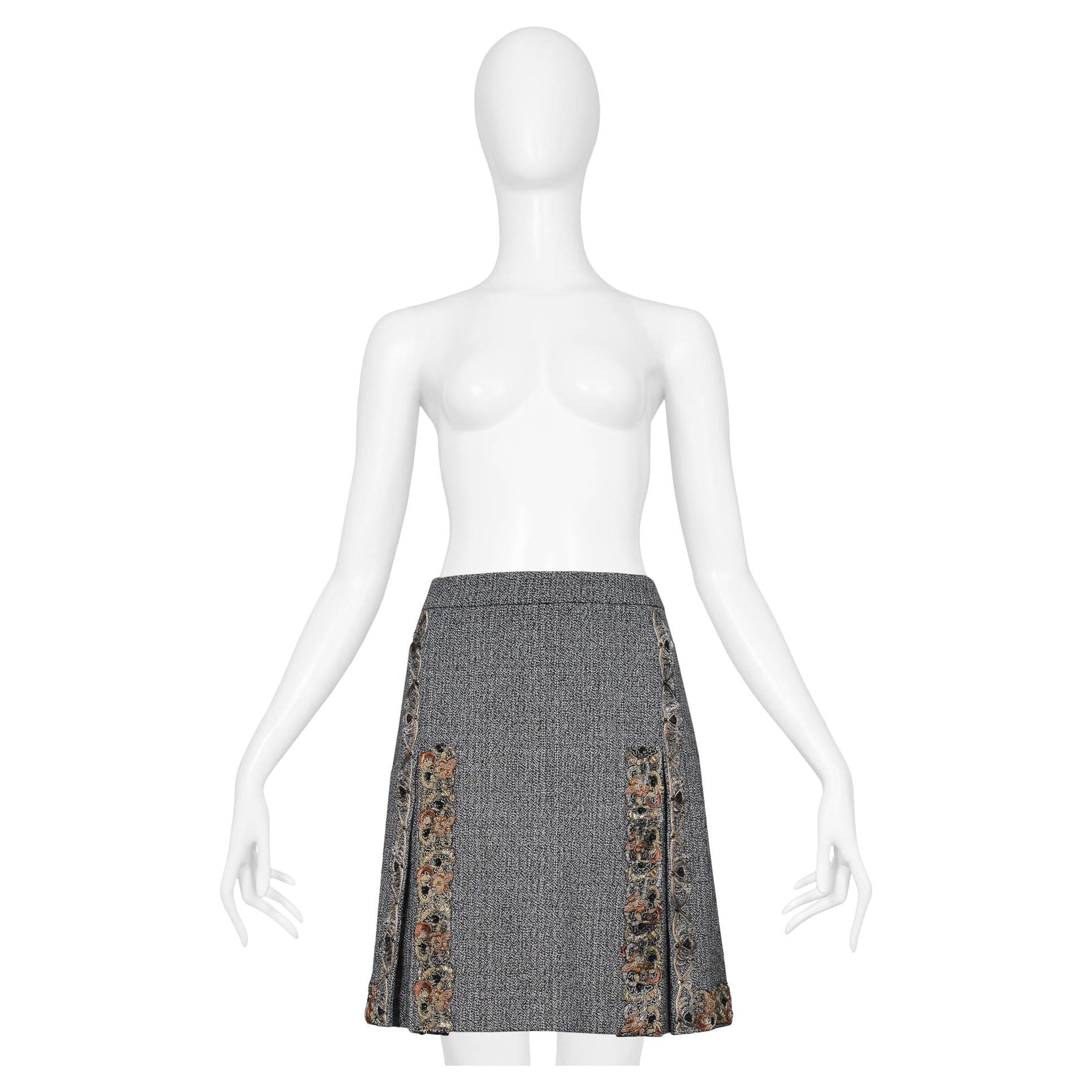Miu Miu Grey Tweed Box Pleat Embellished Mini Skirt 2004