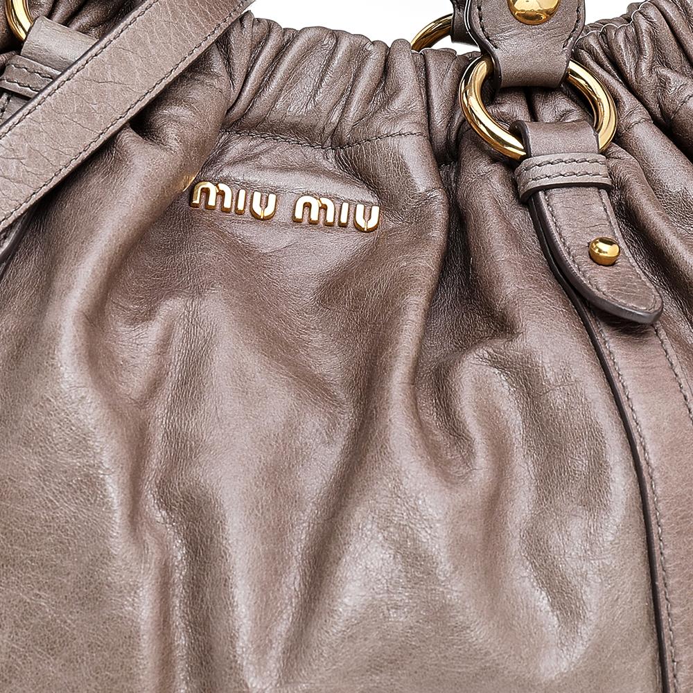 Women's Miu Miu Grey Vitello Lux Leather Gathered Hobo